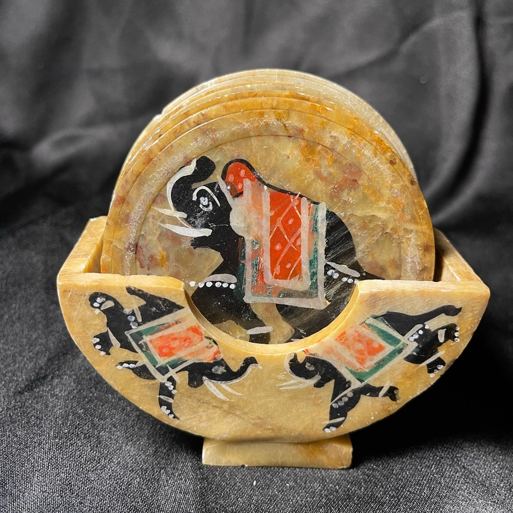 Hand carved stone coasters set of 6 with holder